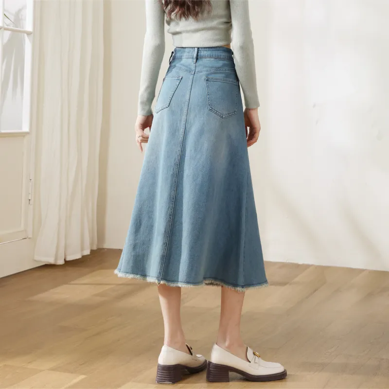 HIPPIEMISS Denim Long Skirts Women's Vintage Light Blue-5