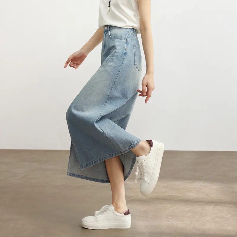HIPPIEMISS Denim Long Skirts Women's Light Blue-2