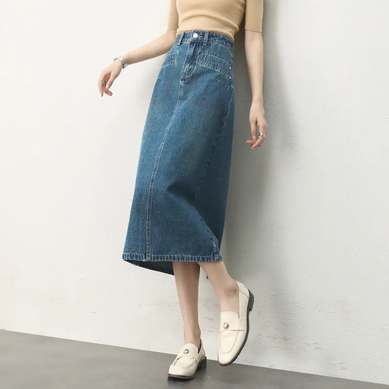HIPPIEMISS Denim Long Skirts Women's Vintage Blue-5