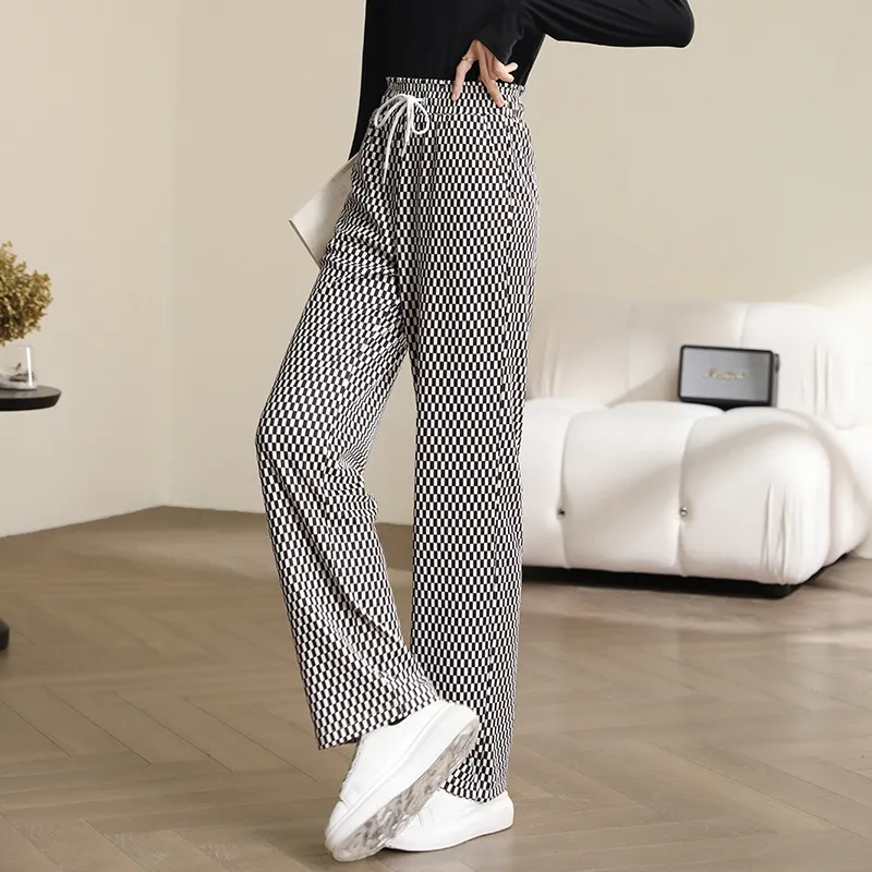 HIPPIEMISS Casual Pants Women's White Coffee Plaid-4