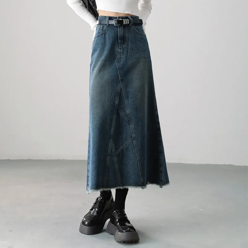 HIPPIEMISS Denim Long Skirts Women's Vintage Blue-2
