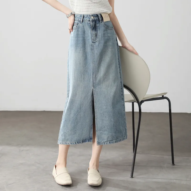 HIPPIEMISS Denim Long Skirts Women's Light Blue-7