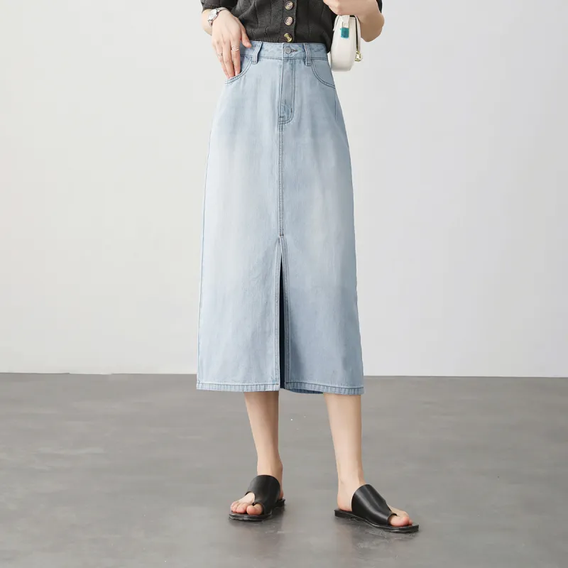 HIPPIEMISS Denim Long Skirts Women's Light Blue-2