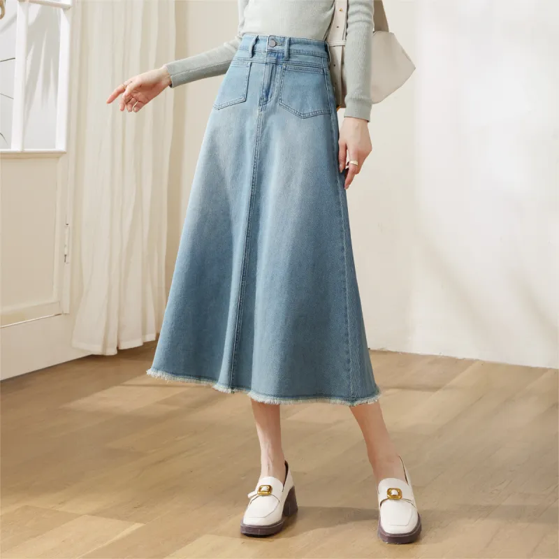 HIPPIEMISS Denim Long Skirts Women's Vintage Light Blue-3