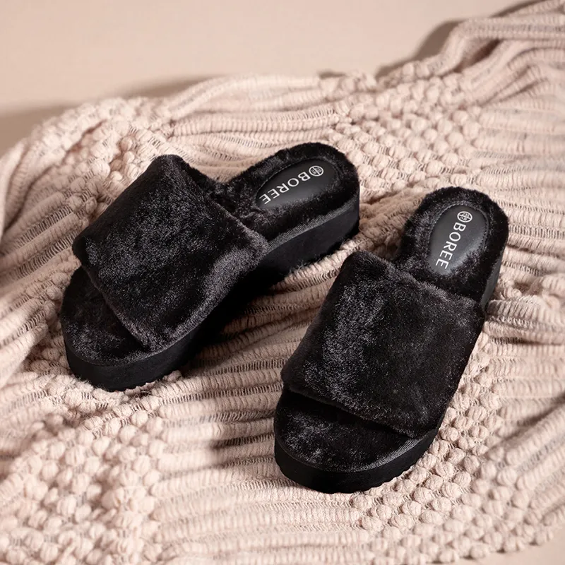 BOREE EVA Fuzzy Slip Resistant Slide Slippers Women's Black-5