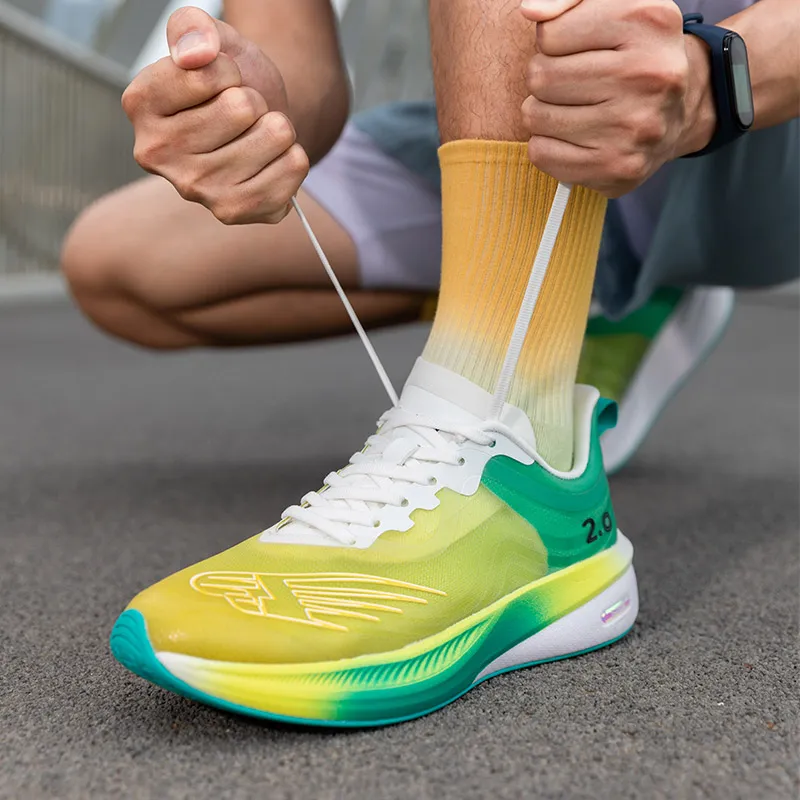 LPMX Body Measurement Anti Slip Cushioning Durable Sprint Racing Carbon Plate Low Top Running Shoes Men's Yellow Green-7