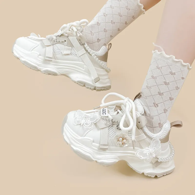 A&M Shock Absorbers Slip Resistant, Abrasion Resistant, Breathable Low Top Chunky Sneakers Women's White-1