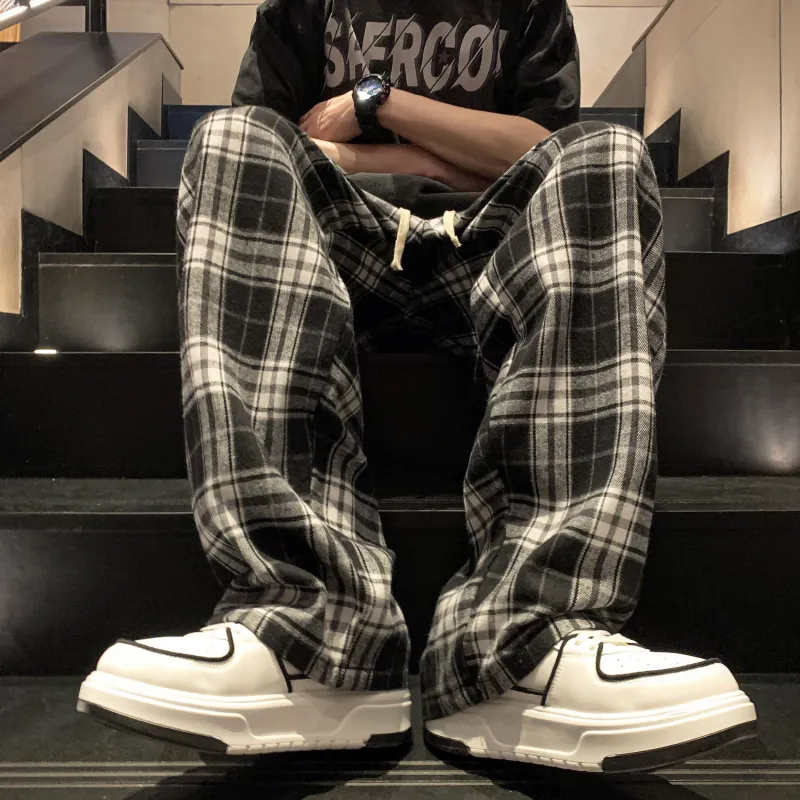ZONEiD Casual Pants Unisex Black White Plaid-8