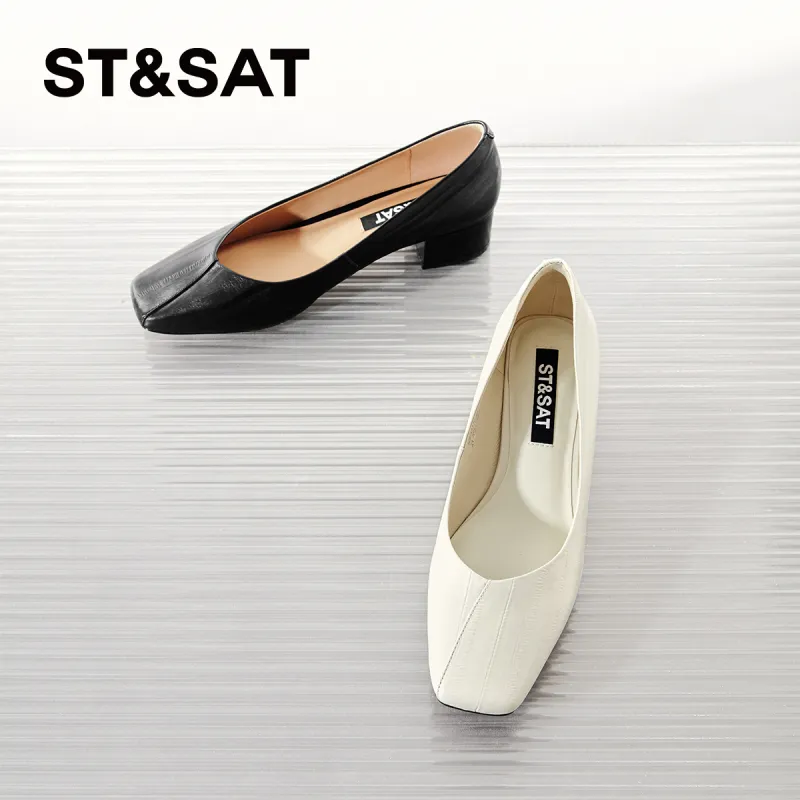 ST&SAT High Heel Leather Shoes, Low Toe Single Shoes Chunky Heel Women's Black 2024 Spring Summer New Arrival-4