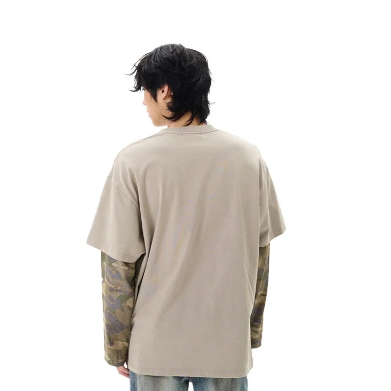 WLNEXT T Shirts Handsome High Quality Camouflage Stitched Tops Tide Unisex Khaki-1