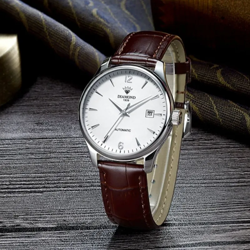 Diamond Automatic/Manual Mechanical Movement Cowhide Strap Men's Watches White Dial-7