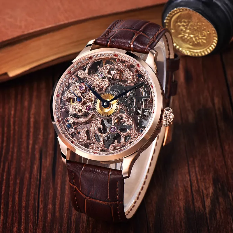 Diamond Manual Mechanical Movement Men's Watches Cut-Out Dial-36