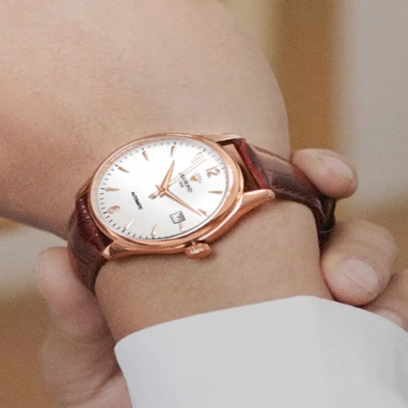 Diamond Automatic/Manual Mechanical Movement Cowhide Strap Men's Watches White Dial-1