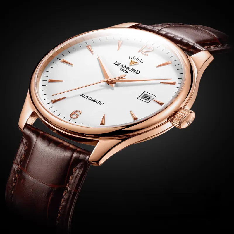 Diamond Automatic/Manual Mechanical Movement Cowhide Strap Men's Watches White Dial-2