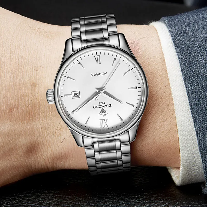 Diamond Automatic Mechanical Movement Watch Men's Watches White Dial-13