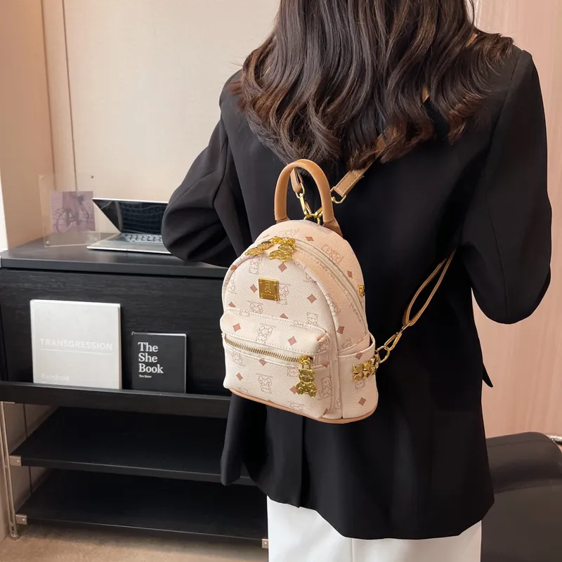 Rainbow Girl PU Backpack Regular Women's Pink/Brown/Ecru/Black-12