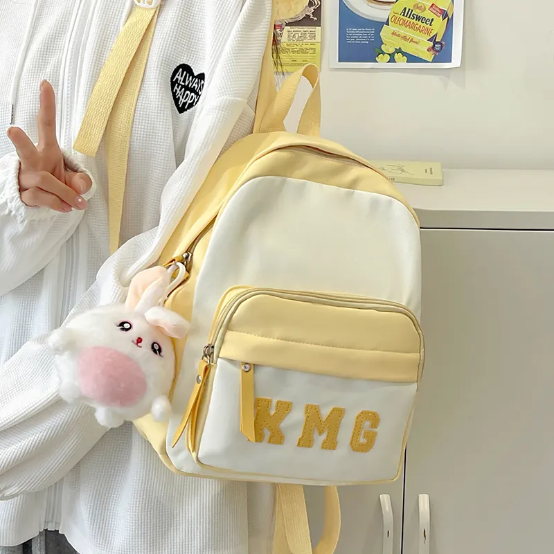 Cwatcun Nylon Fabric Backpack Regular Unisex Light Green/Yellow/Blue/Pink/Black-9