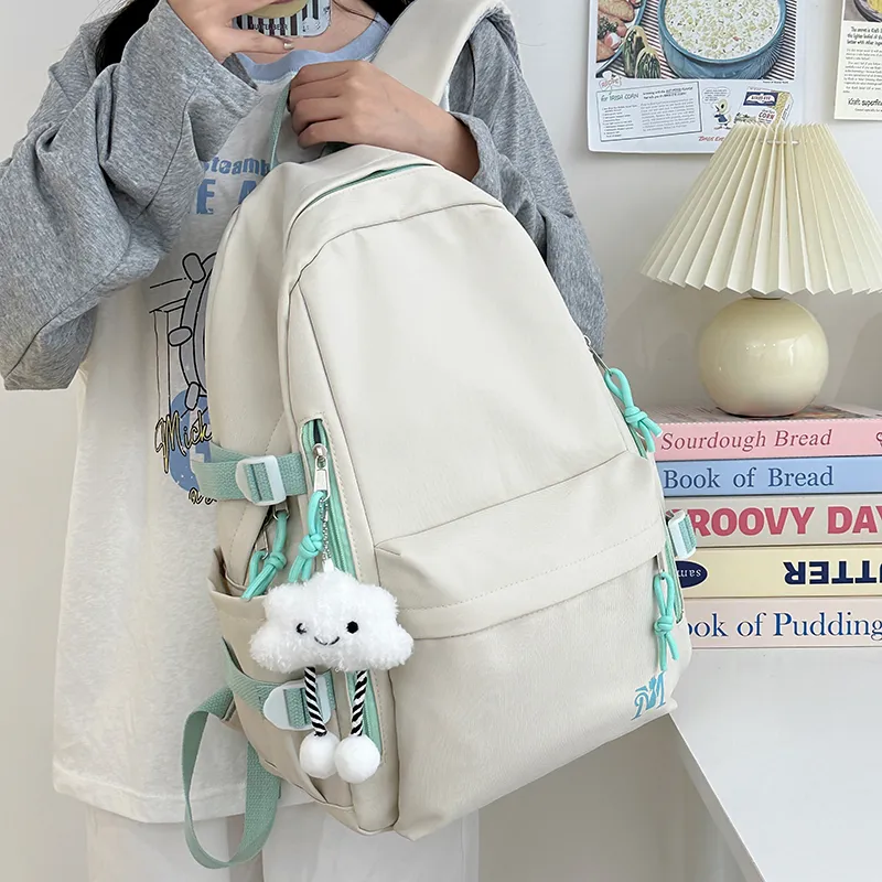 Cwatcun Nylon Backpack Unisex Light Gray/Blue/Yellow/Black-2