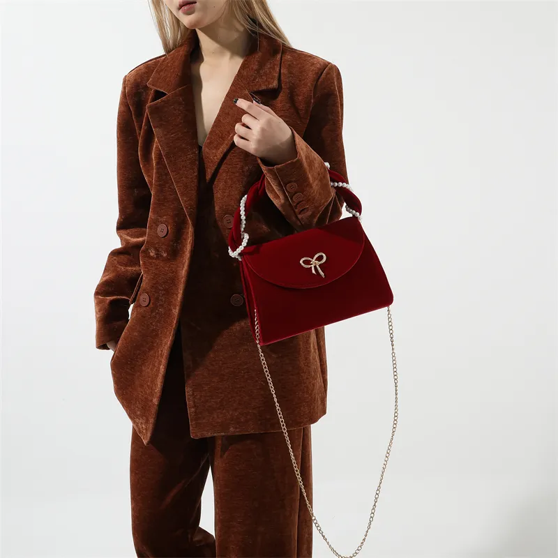 Cwatcun Velour One Shoulder Crossbody Handbag Regular Women's Style 1 Red/Style 2 Red-3