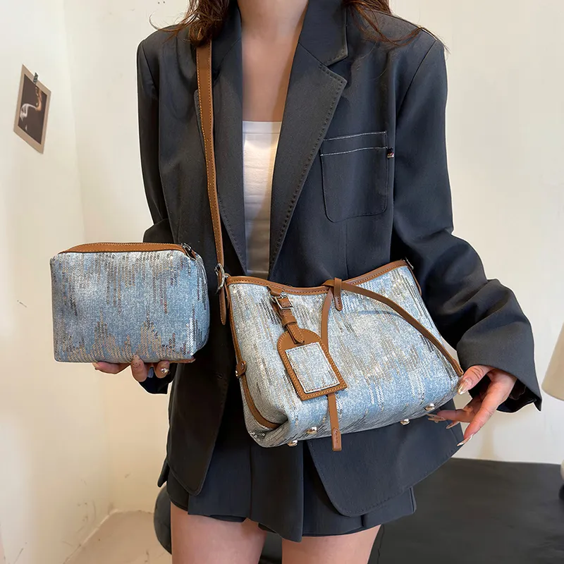 Cwatcun Canvas With Sequins Shoulder Bag Women's Light Blue/Dark Blue/Black-5