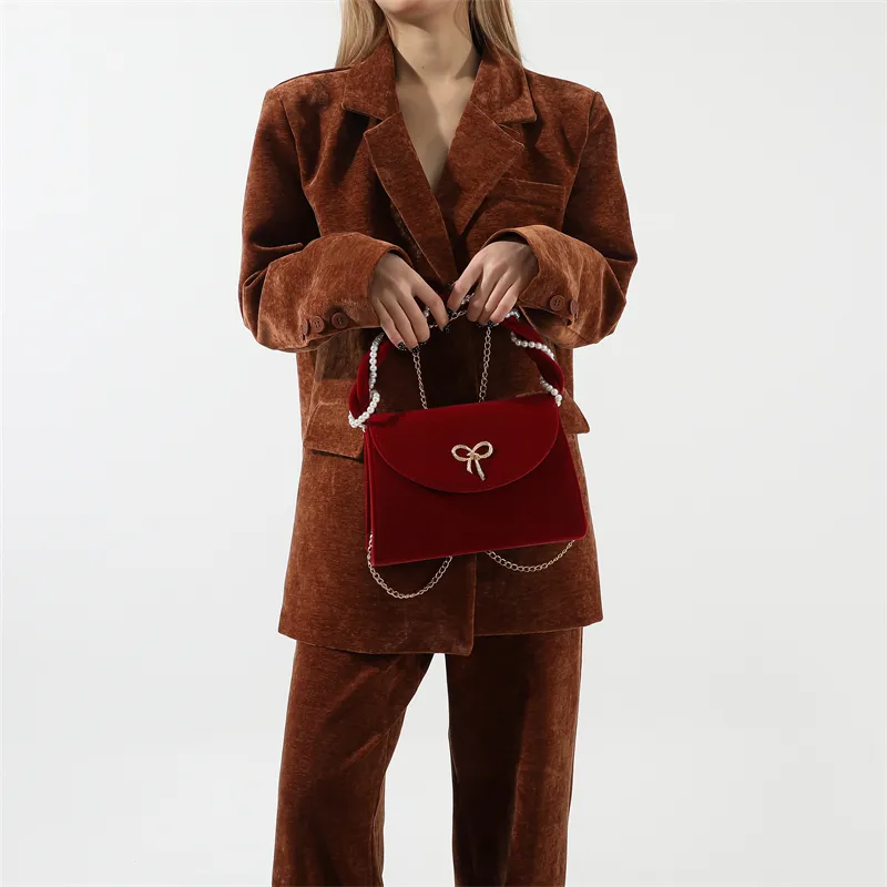 Cwatcun Velour One Shoulder Crossbody Handbag Regular Women's Style 1 Red/Style 2 Red-2