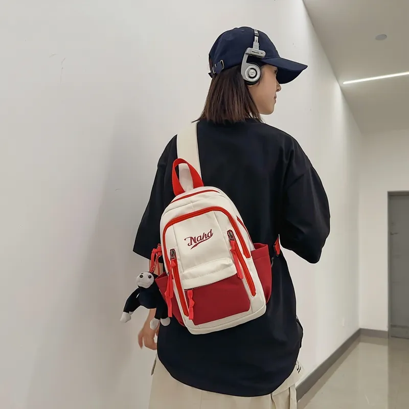 PULUWIRR Nylon Sling Bag Unisex Black/Khaki/White Red/White Green/White Blue-10