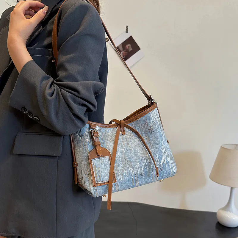 Cwatcun Canvas With Sequins Shoulder Bag Women's Light Blue/Dark Blue/Black-1