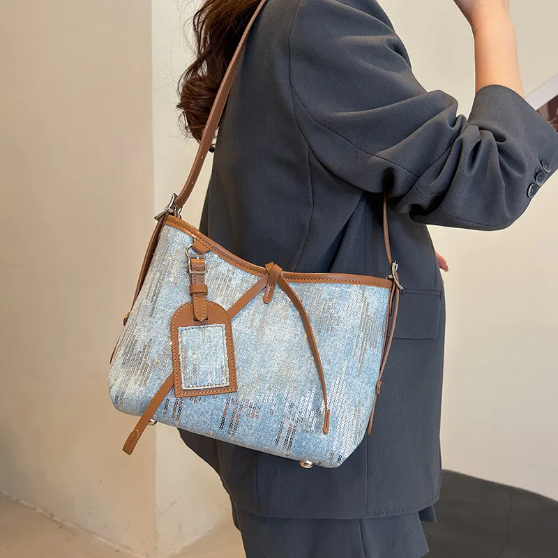 Cwatcun Canvas With Sequins Shoulder Bag Women's Light Blue/Dark Blue/Black-3