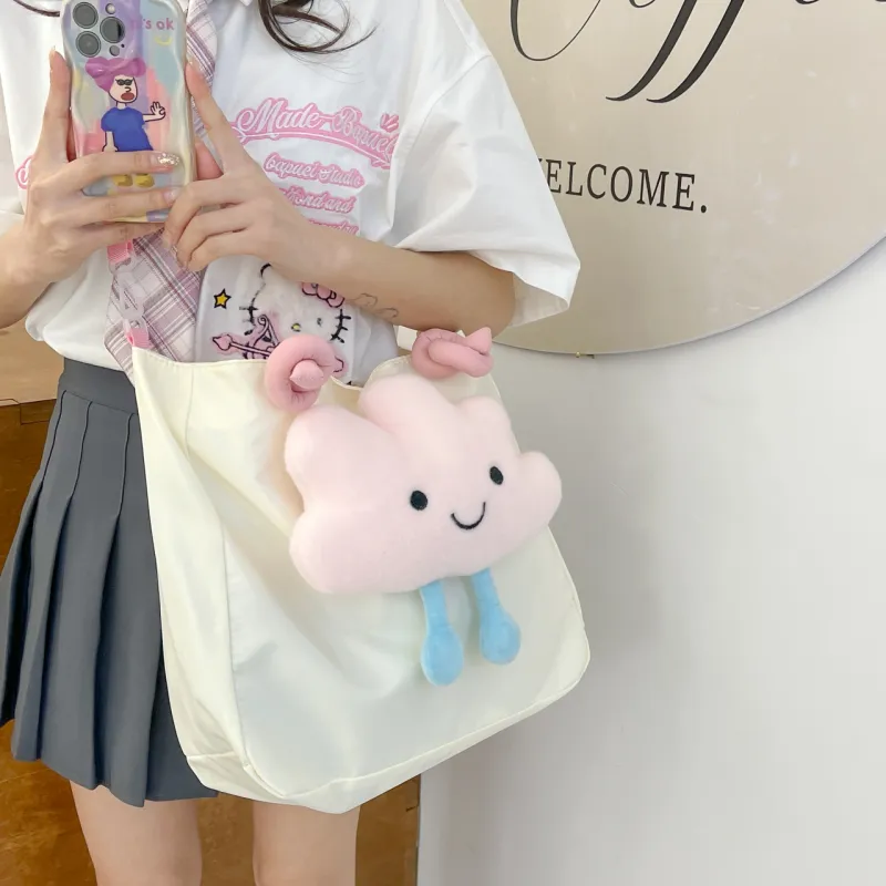 Cwatcun Nylon Shoulder Bag Women's White Star Pattern/White Cloud Pattern-6