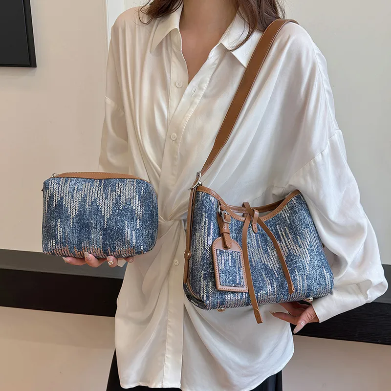 Cwatcun Canvas With Sequins Shoulder Bag Women's Light Blue/Dark Blue/Black-12