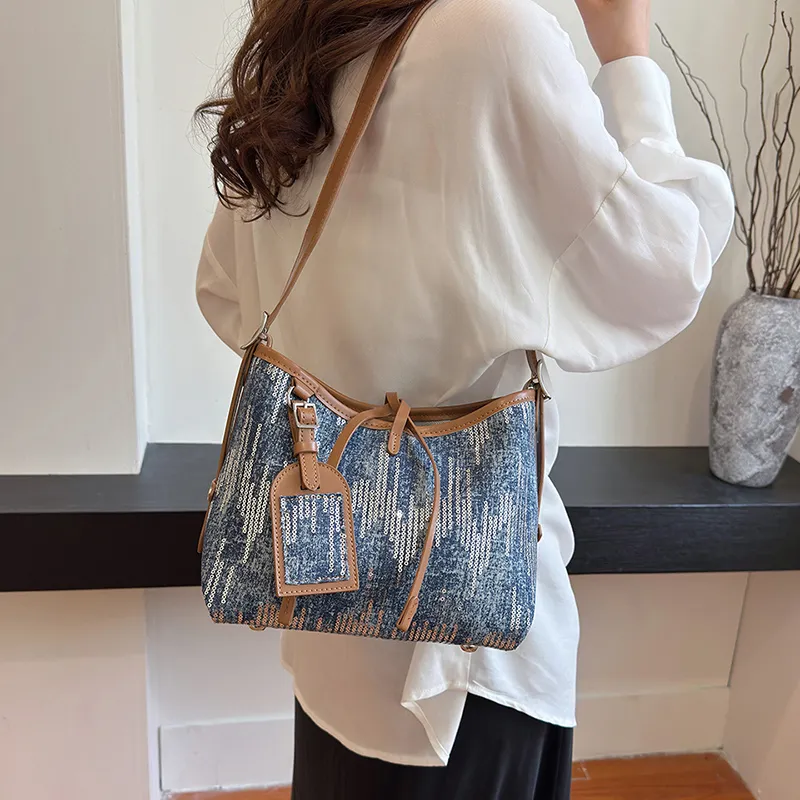 Cwatcun Canvas With Sequins Shoulder Bag Women's Light Blue/Dark Blue/Black-10