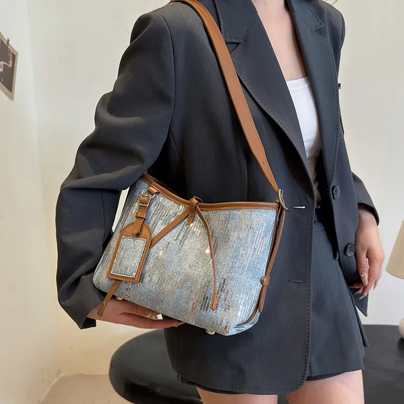 Cwatcun Canvas With Sequins Shoulder Bag Women's Light Blue/Dark Blue/Black-6
