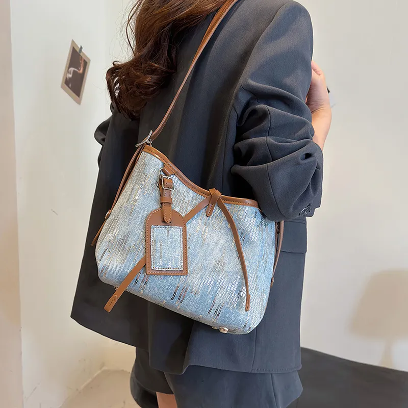 Cwatcun Canvas With Sequins Shoulder Bag Women's Light Blue/Dark Blue/Black-2