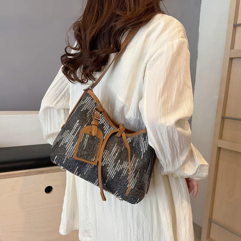 Cwatcun Canvas With Sequins Shoulder Bag Women's Light Blue/Dark Blue/Black-17