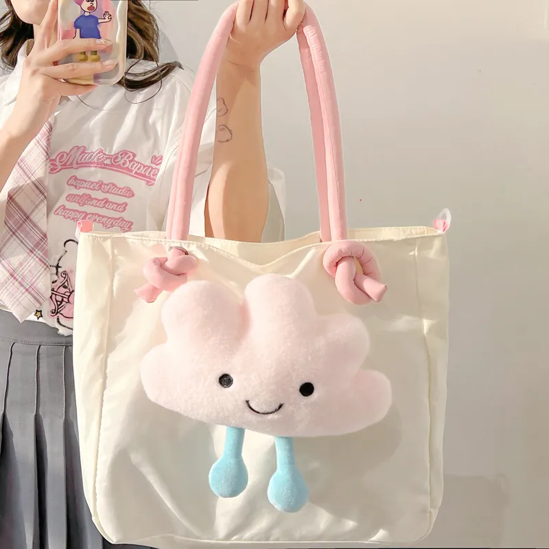 Cwatcun Nylon Shoulder Bag Women's White Star Pattern/White Cloud Pattern-4