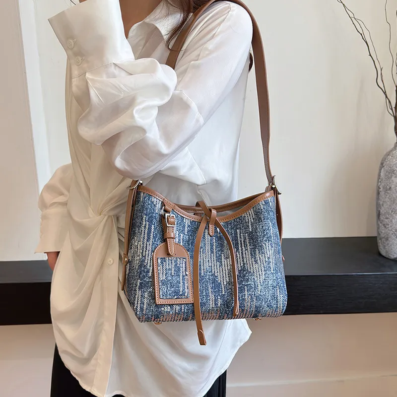 Cwatcun Canvas With Sequins Shoulder Bag Women's Light Blue/Dark Blue/Black-13