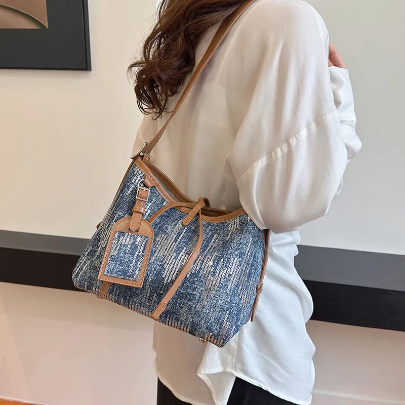 Cwatcun Canvas With Sequins Shoulder Bag Women's Light Blue/Dark Blue/Black-9