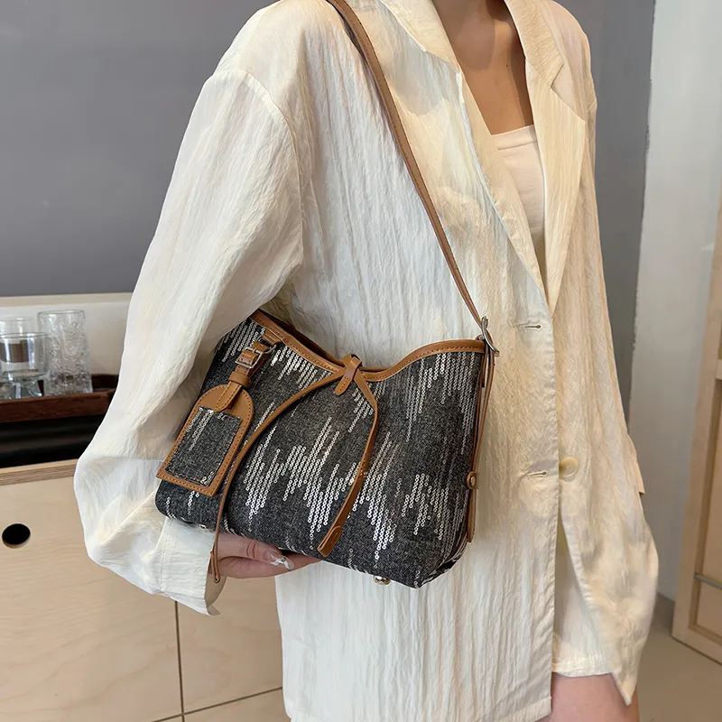 Cwatcun Canvas With Sequins Shoulder Bag Women's Light Blue/Dark Blue/Black-15