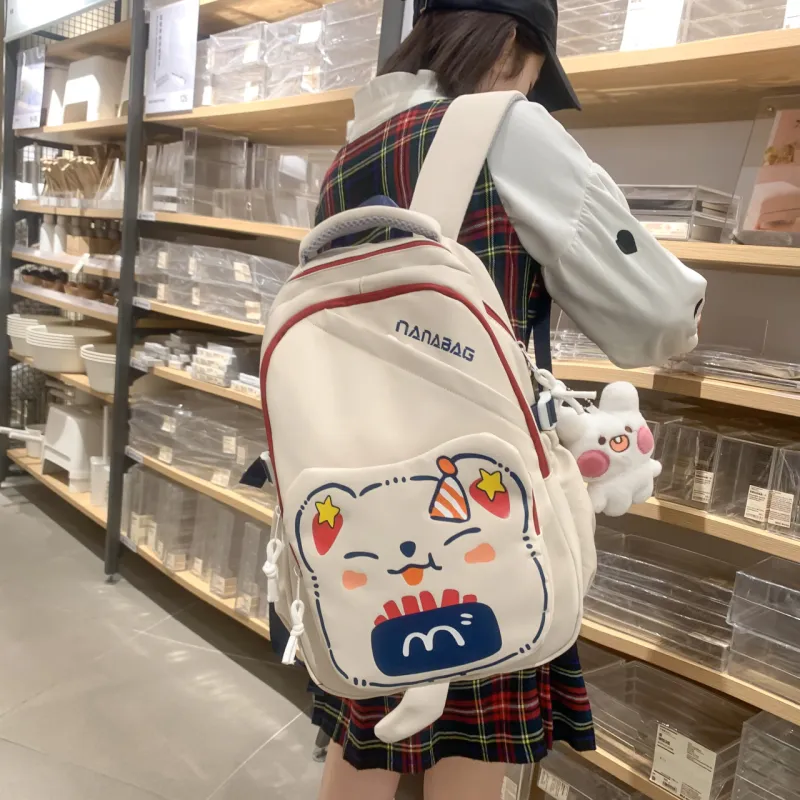 Rainbow Girl Nylon Backpack Black/White & Red/White & Green/Purple/Brown-2