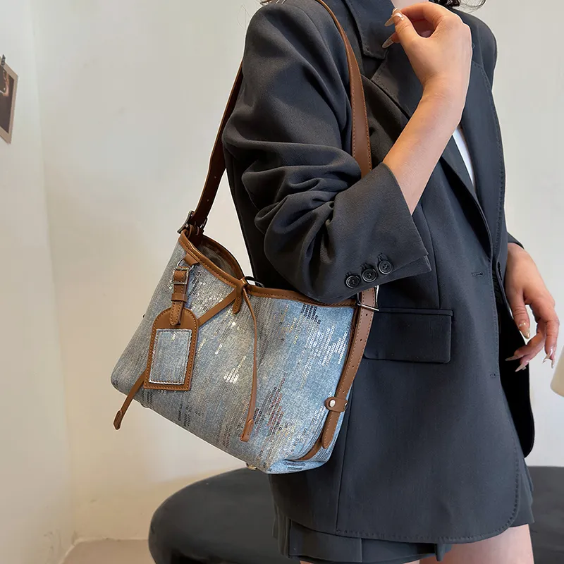 Cwatcun Canvas With Sequins Shoulder Bag Women's Light Blue/Dark Blue/Black-4