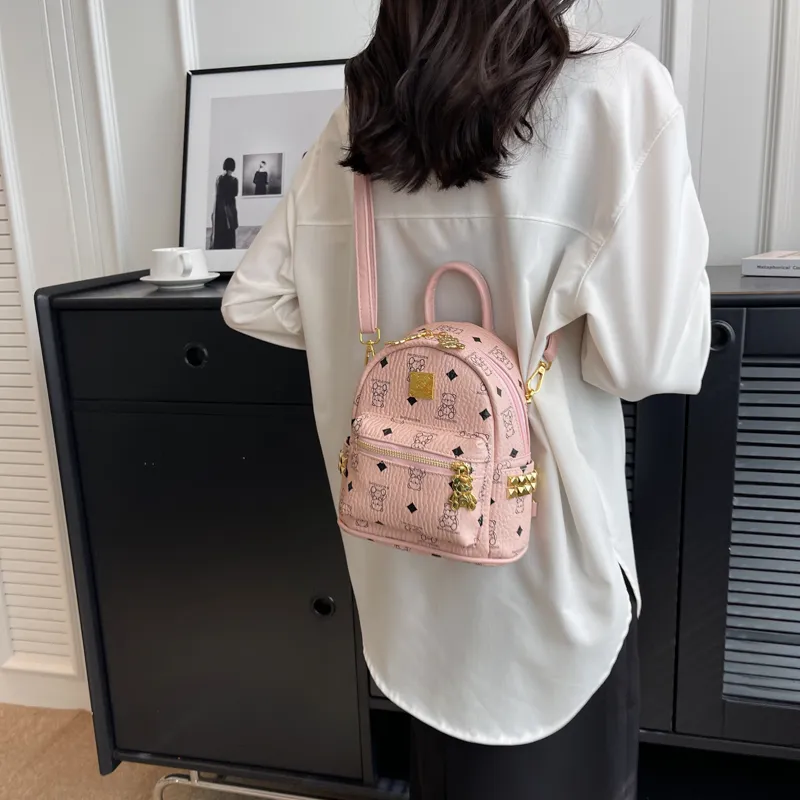 Rainbow Girl PU Backpack Regular Women's Pink/Brown/Ecru/Black-3