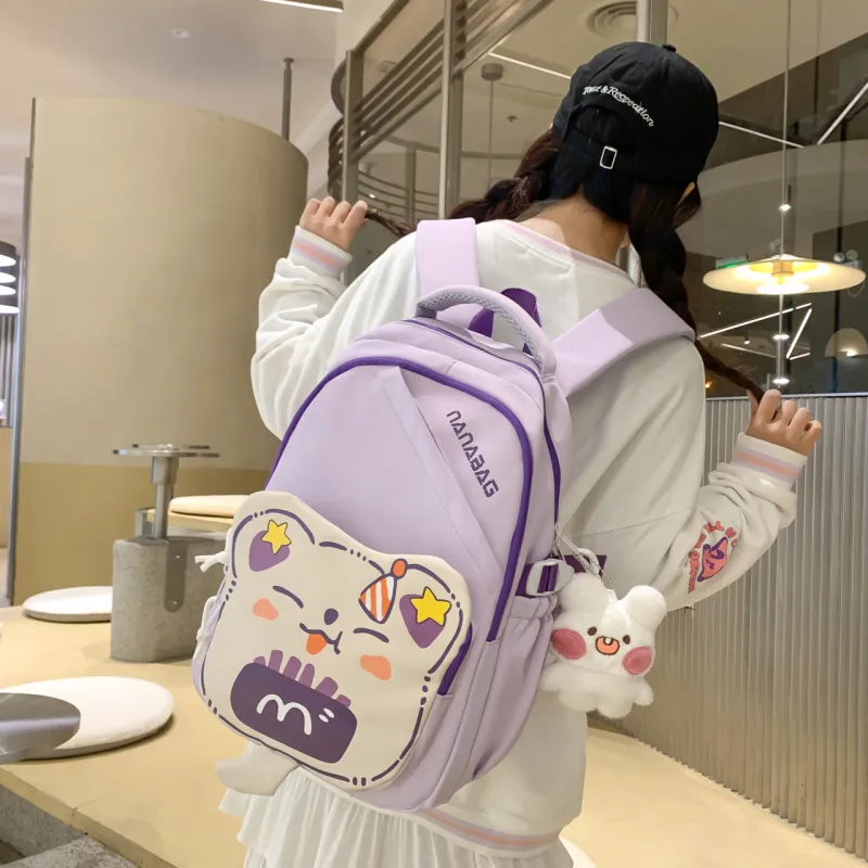 Rainbow Girl Nylon Backpack Black/White & Red/White & Green/Purple/Brown-9