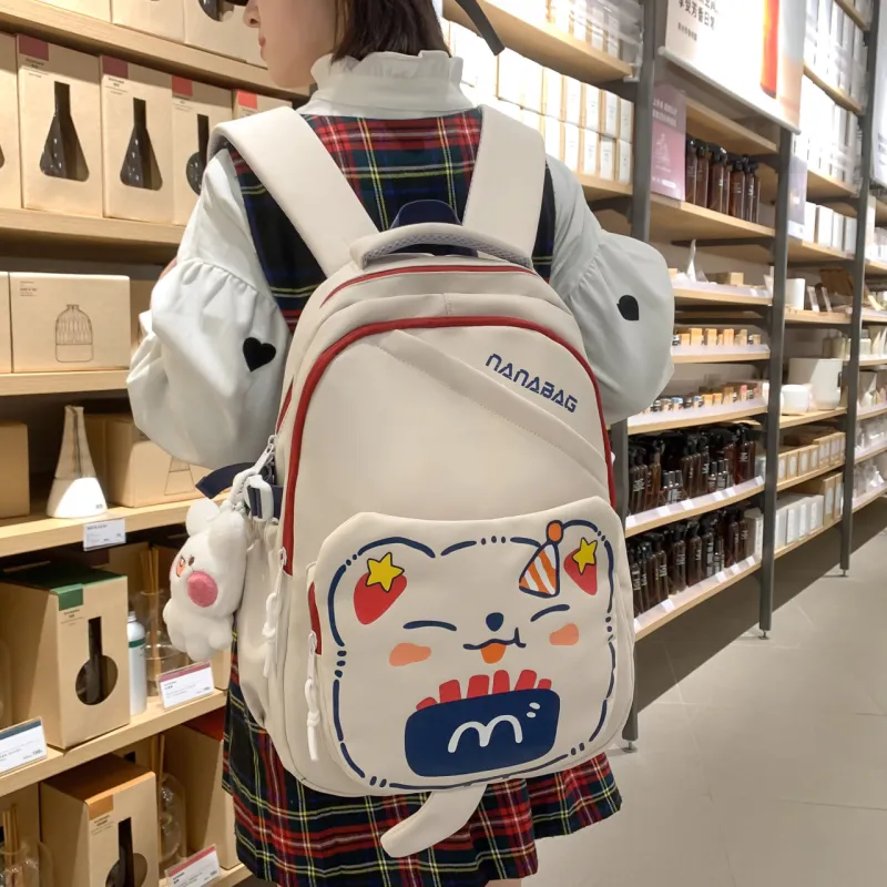Rainbow Girl Nylon Backpack Black/White & Red/White & Green/Purple/Brown-3