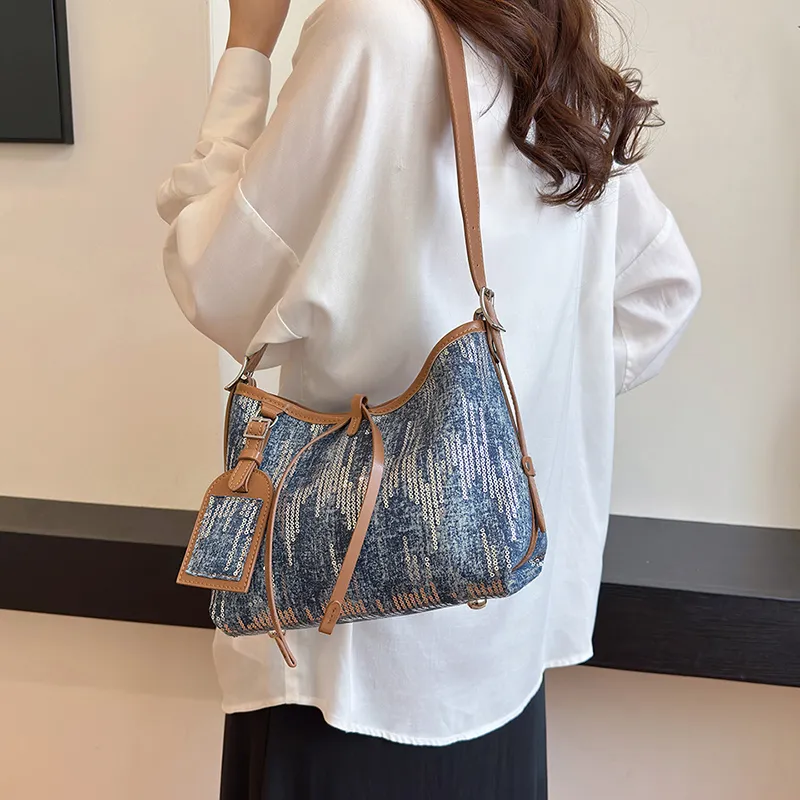 Cwatcun Canvas With Sequins Shoulder Bag Women's Light Blue/Dark Blue/Black-8