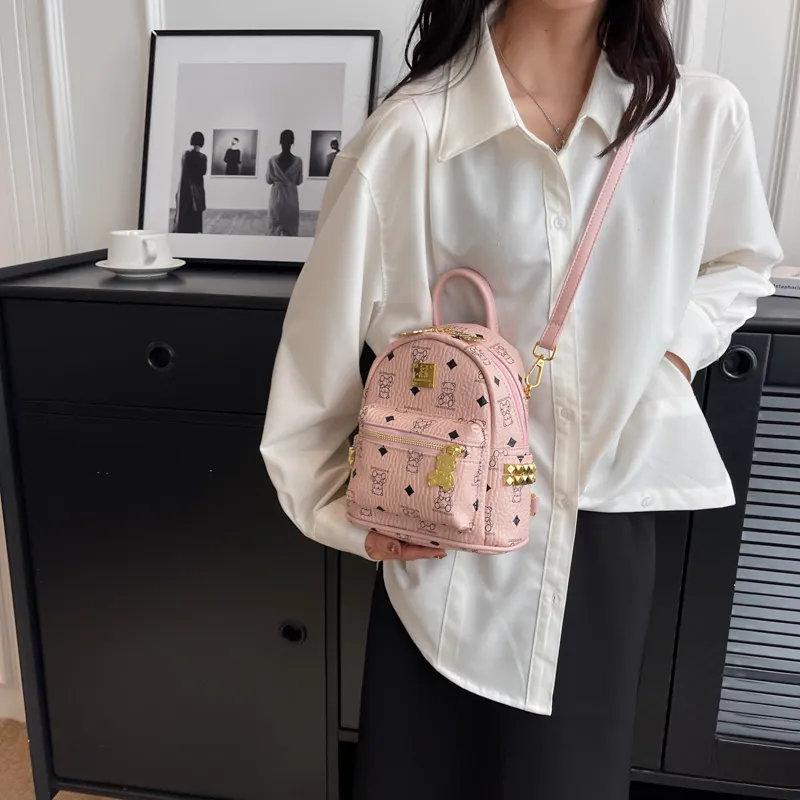 Rainbow Girl PU Backpack Regular Women's Pink/Brown/Ecru/Black-4