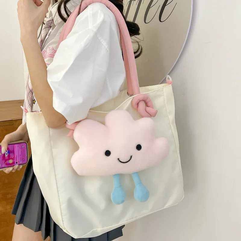 Cwatcun Nylon Shoulder Bag Women's White Star Pattern/White Cloud Pattern-5