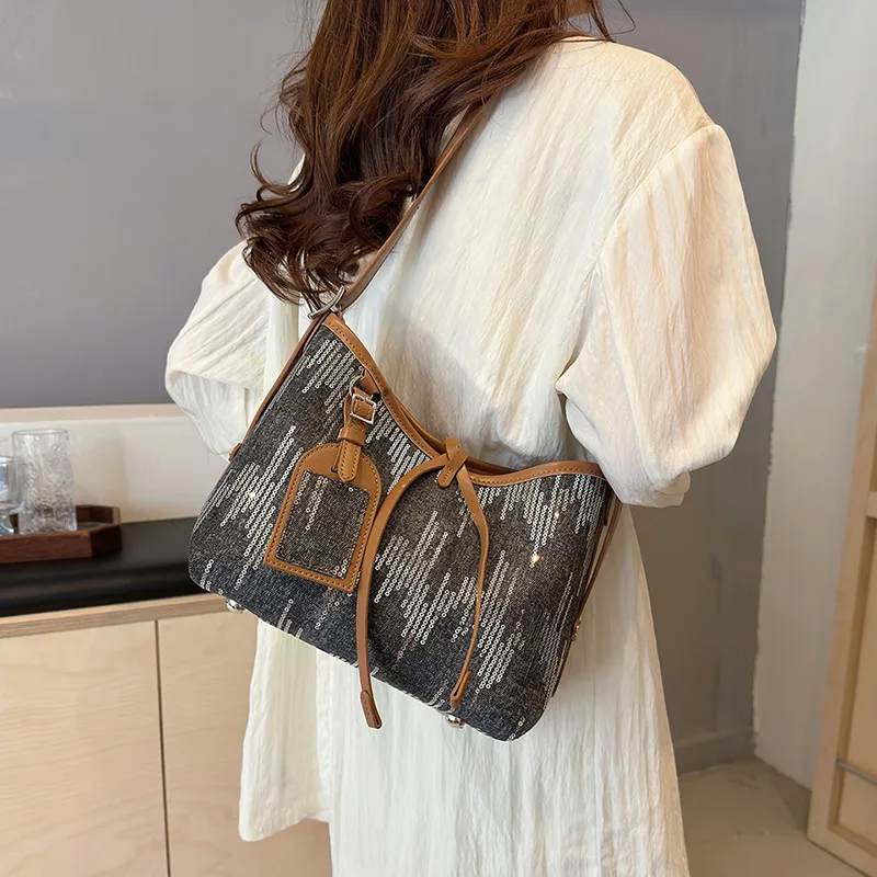 Cwatcun Canvas With Sequins Shoulder Bag Women's Light Blue/Dark Blue/Black-16