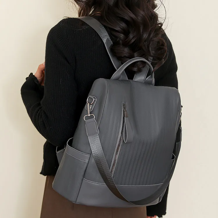 Cwatcun PU Backpack Unisex Black/Blue/Gray-3