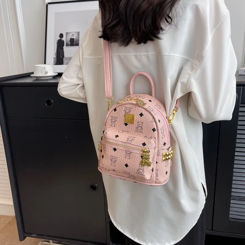 Rainbow Girl PU Backpack Regular Women's Pink/Brown/Ecru/Black-2