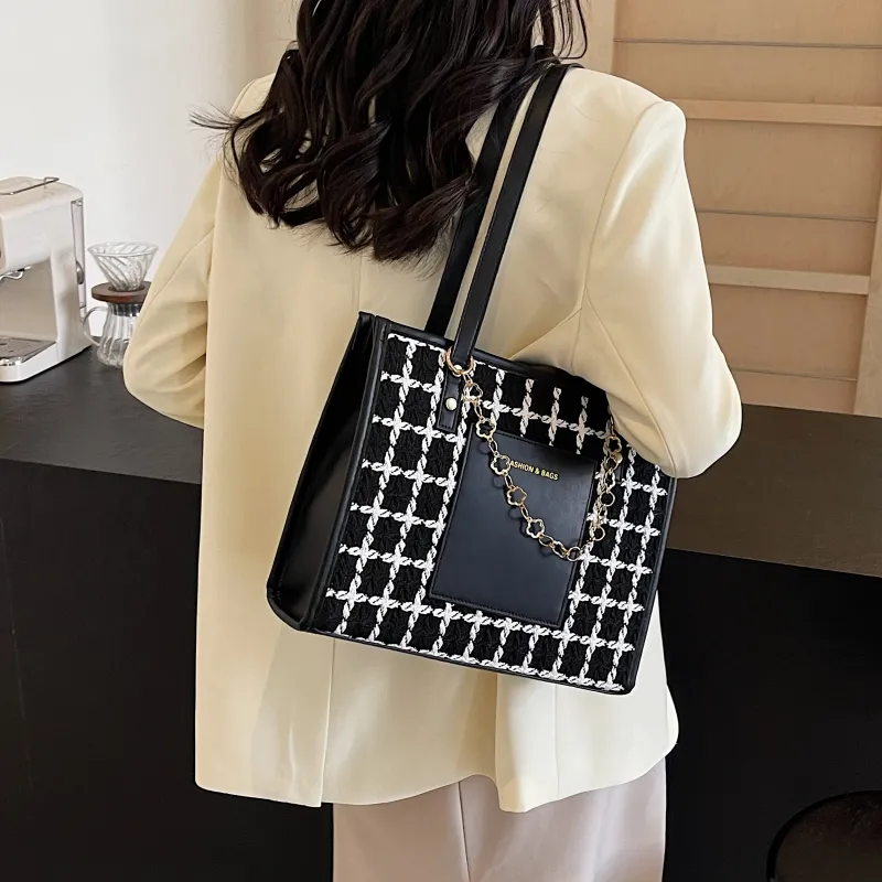 Cwatcun Fabric Patch PU Shoulder Bag Regular Women's Black/Ecru-4